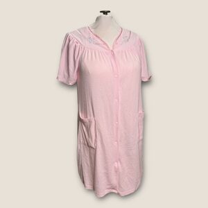 Adonna Ladies Pink Waffle House Robe Med  Mid Length Embroidered Neck Granny